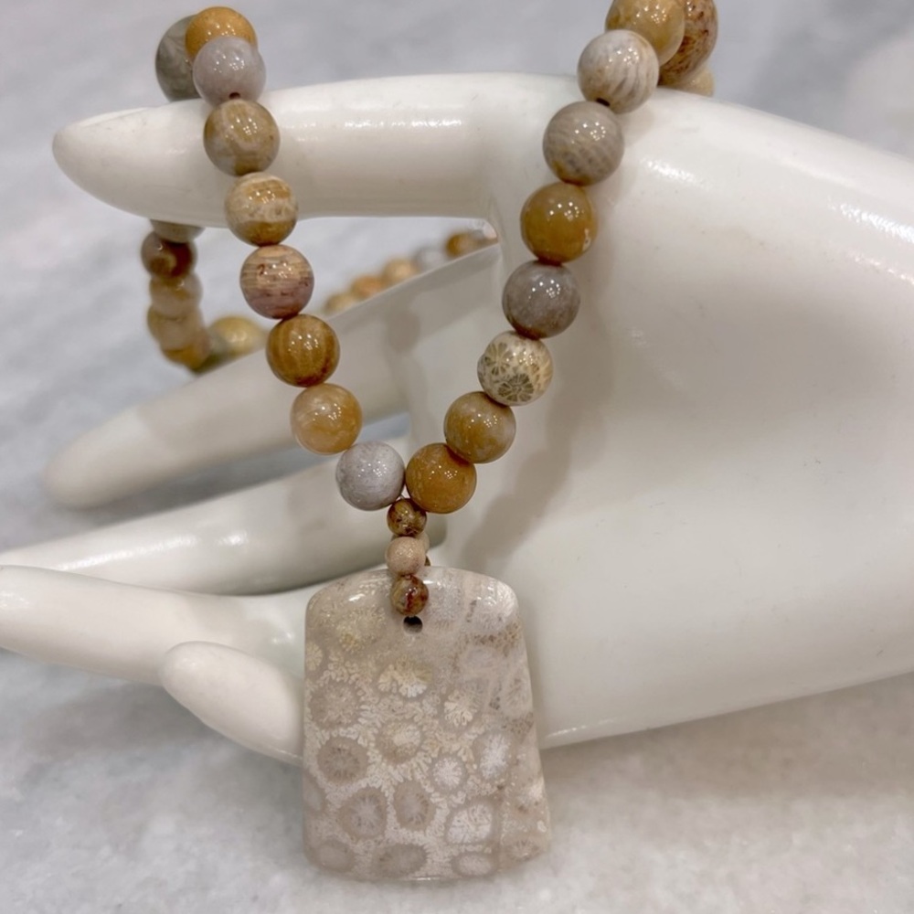 Fossil Coral Pendant with Beaded Necklace Sterling Silver Clasp